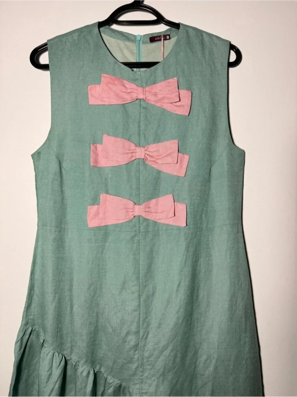 NWOT Udel New York Linen Sleeveless Mint Midi Dress with Pink Bow Details size M